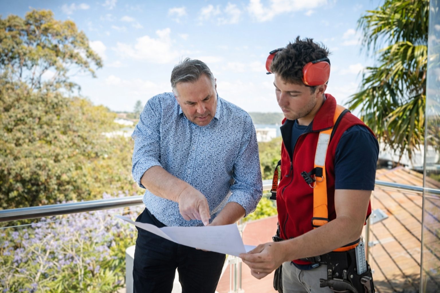 Hubert reviewing extension drawings on a Sydney balcony with a homeowner