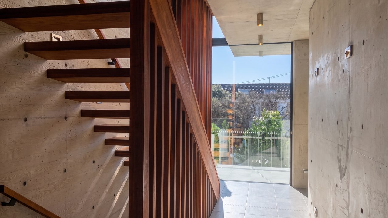 Floating timber staircase against board-formed concrete with full-height glazing