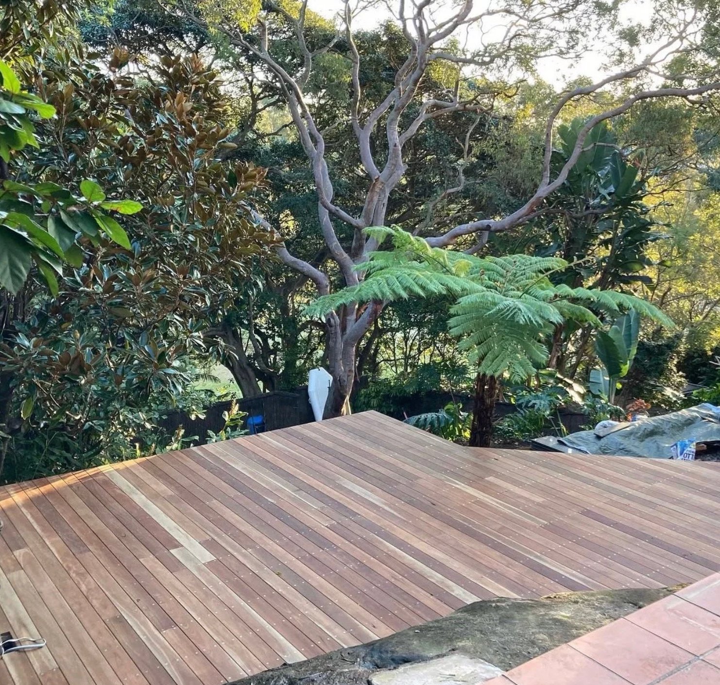 Garden-level hardwood deck