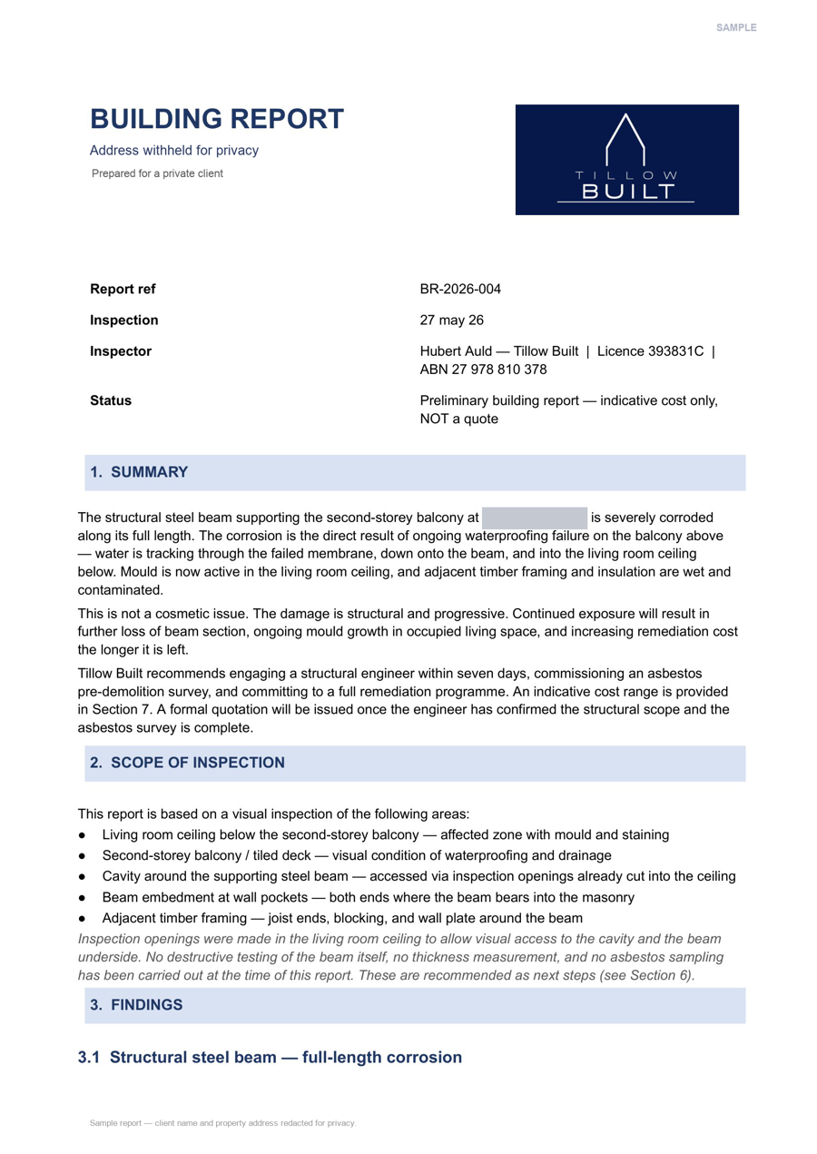 Cover of a real 9-page Piper Moss building defect report for a two-storey Sydney home, client name and address redacted