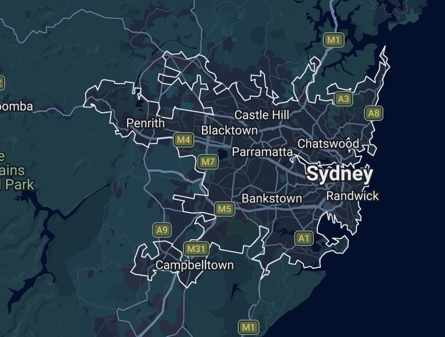 Map of Greater Sydney showing the service area Piper Moss covers for building reports, Inner City, Eastern Suburbs, Inner West, Lower North Shore, Northern Beaches and Sutherland Shire